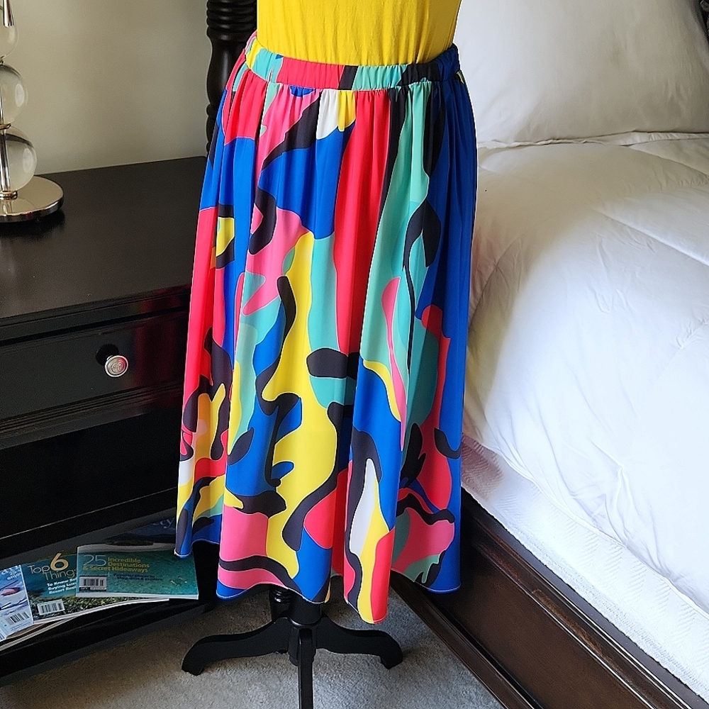 Multicolor Print Pull On Midi Skirt